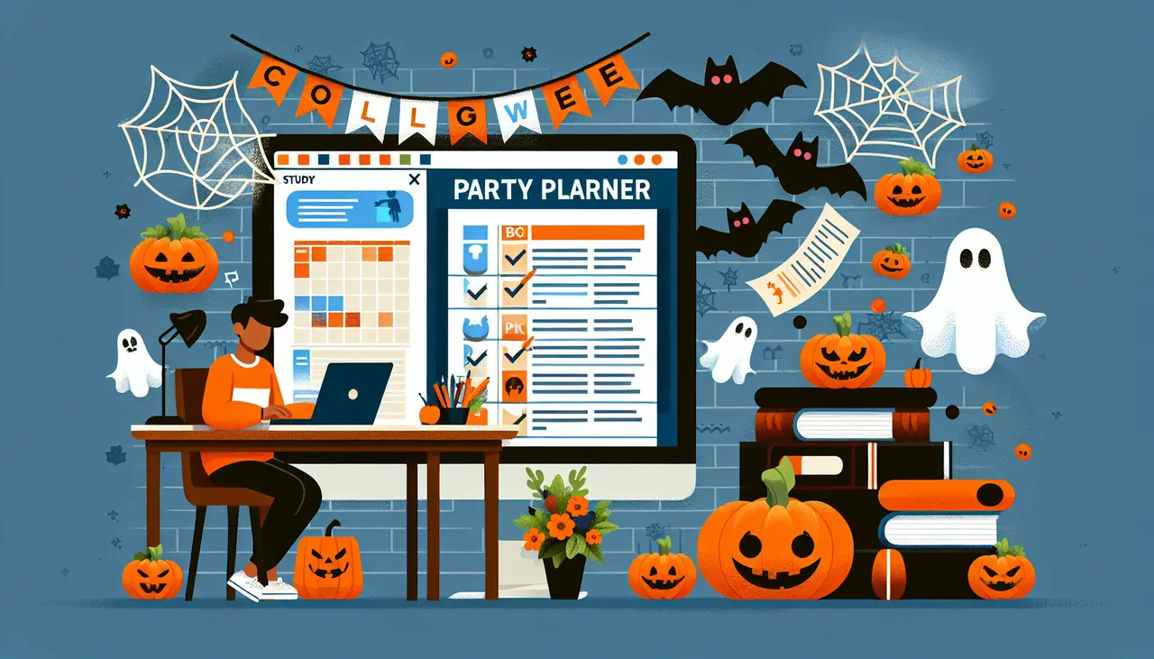 A person plans a party at a desk with a laptop. Halloween decorations—pumpkins, bats, ghosts, spiderwebs—fill the room. A calendar and party planner are displayed on a large screen. Books and papers are stacked nearby.