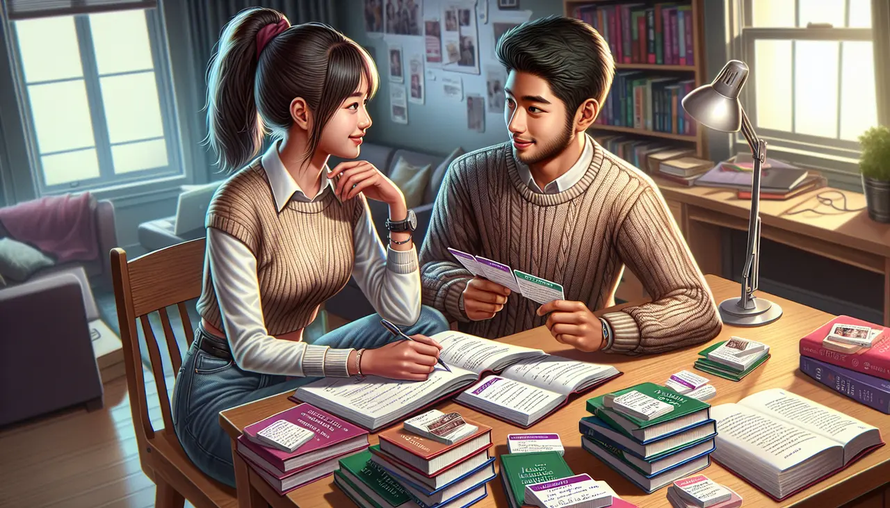 Two young adults sit at a desk covered with books and flashcards, studying together in a cozy, well-lit room filled with shelves, photos, and a lamp. They smile at each other while discussing study materials.