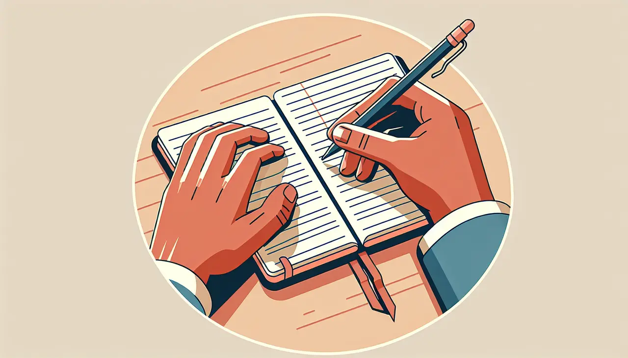An illustration of two hands writing in an open notebook with a pencil on a wooden surface, seen from above.