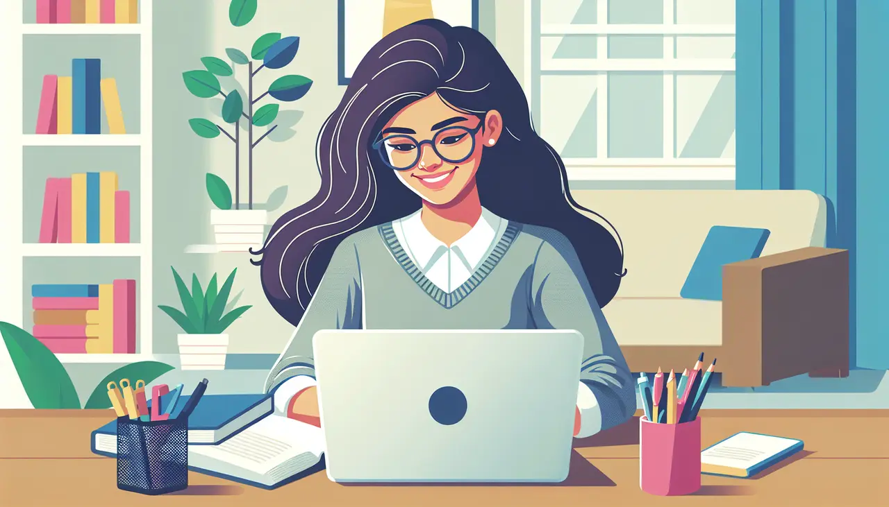 Illustration of a woman with long dark hair and glasses smiling while working on a laptop at a desk, surrounded by books, plants, and stationery in a cozy, well-lit room.