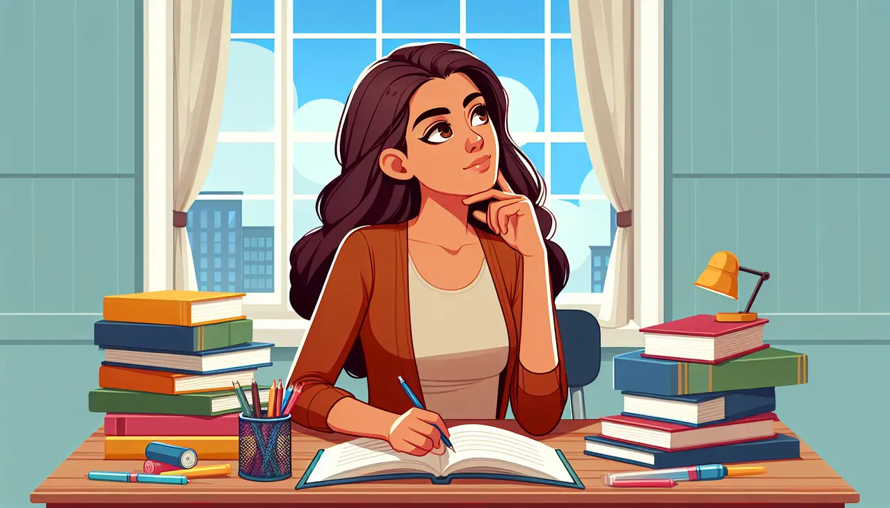 A woman sits at a desk surrounded by books, holding a pencil and looking thoughtful. She is in front of a large window with city buildings and blue sky visible outside.
