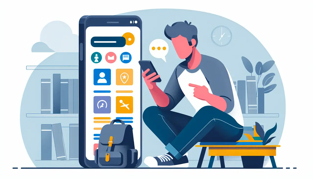 A person sits on a bench using a smartphone next to an oversized mobile device displaying app icons. A backpack, bookshelves, clock, and plants are in the background, suggesting a study or tech environment.