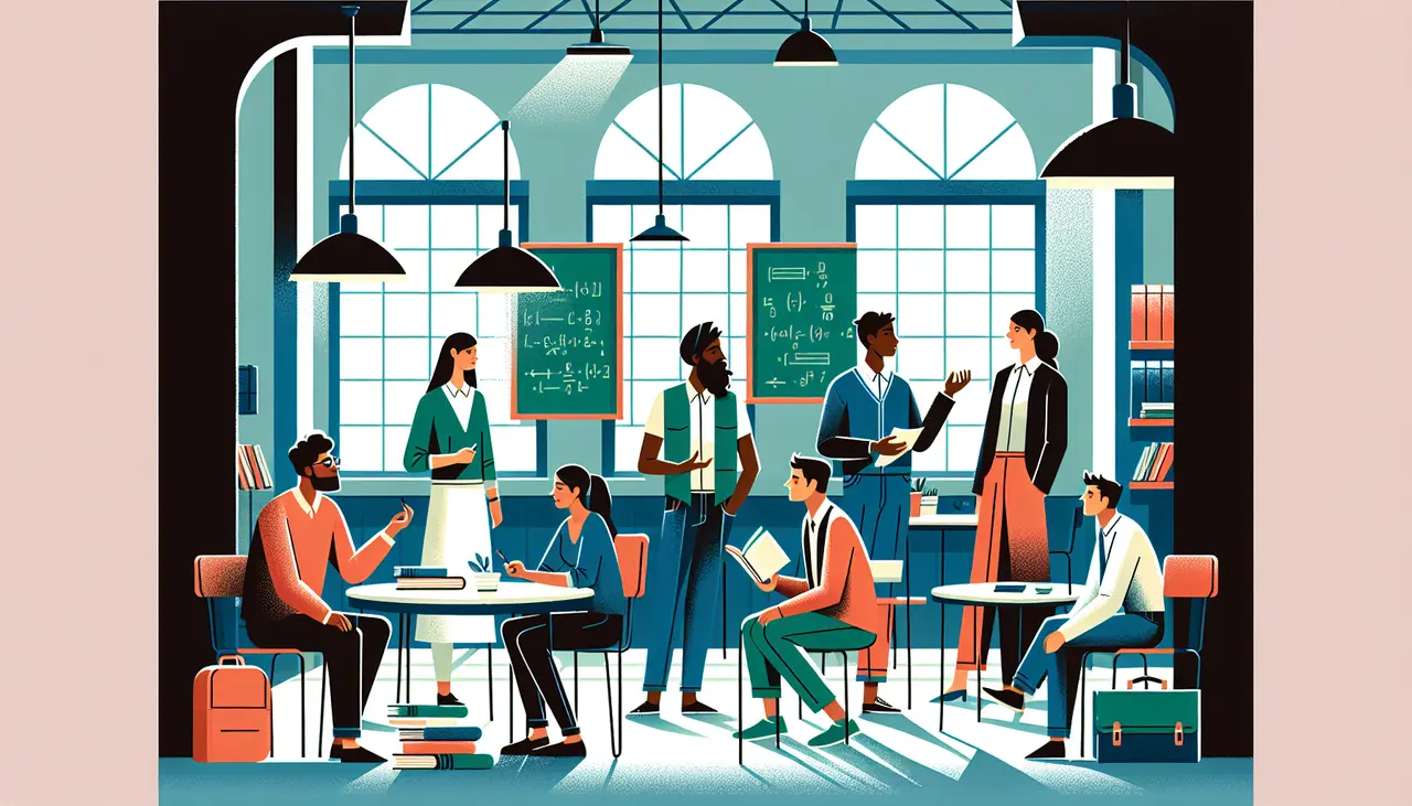 Students and teachers interact in a bright classroom with large windows, chalkboards with math equations, and bookshelves. Some people sit at tables reading or talking; others stand and discuss.