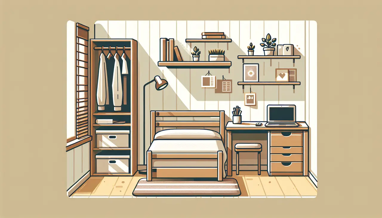 A tidy bedroom with a bed, desk, laptop, shelves with books and plants, an open wardrobe with hanging clothes, and a window with blinds. The decor is minimalist in beige and light brown tones.