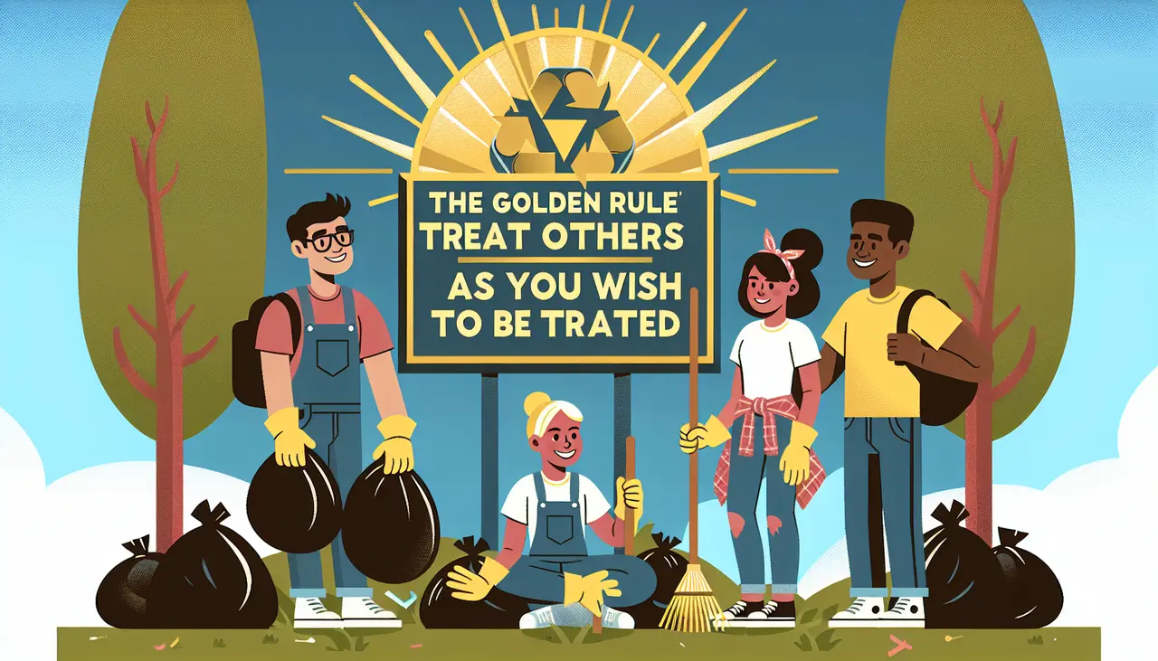 Five smiling people in gloves clean up litter in a park. Behind them is a sign with a recycling symbol and the words, “The Golden Rule: Treat others as you wish to be treated.”.