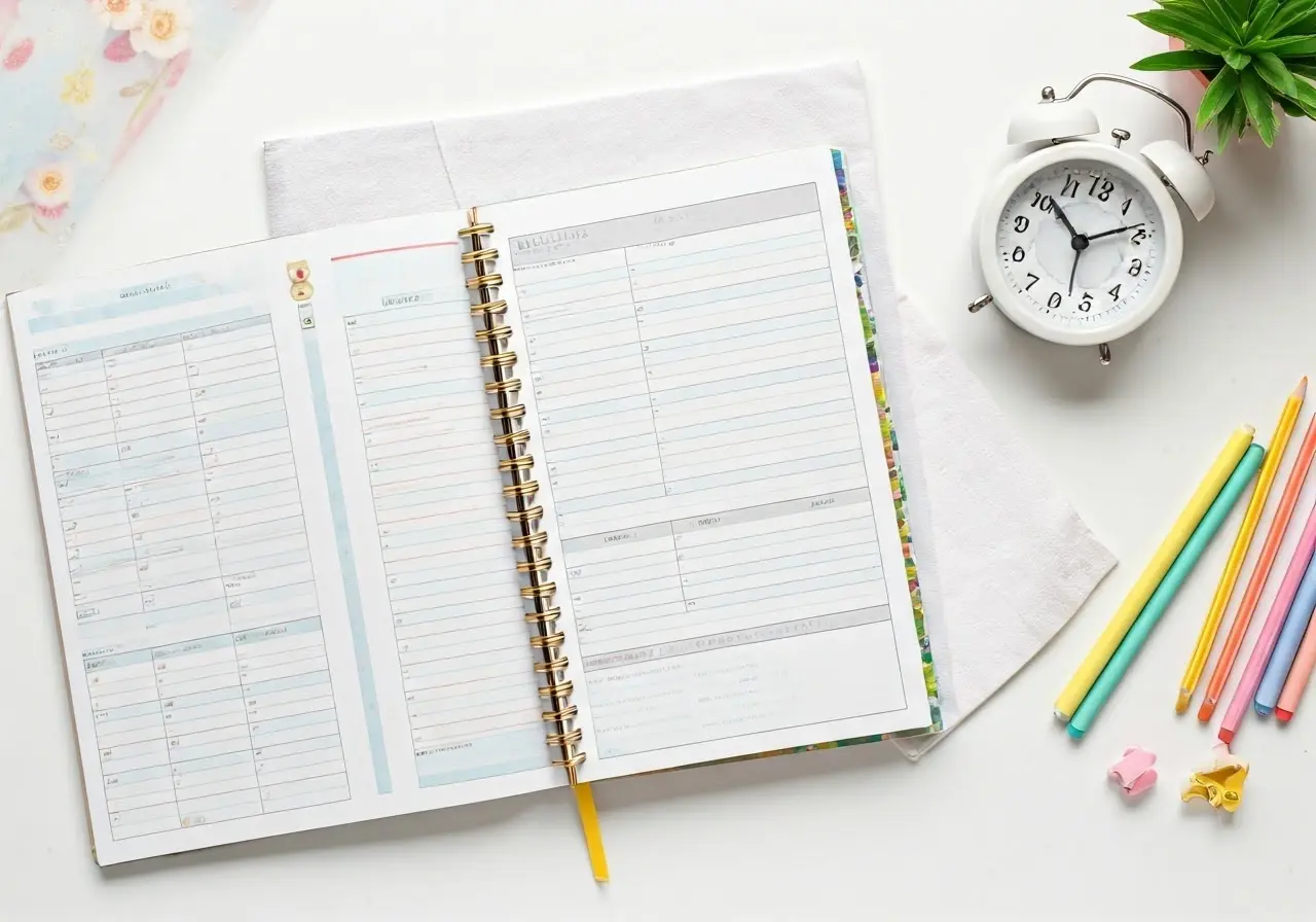 Open planner with lined pages, a yellow pencil, white alarm clock, plant, orange pencils, and paperclips on a white surface. The planner is spread open, showing spaces for notes, schedule, and tasks.
