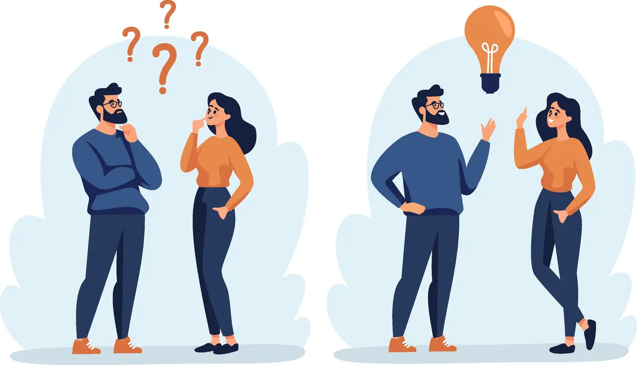 Two people stand together, appearing confused with question marks above their heads, then discuss and appear happy with a light bulb above, symbolizing getting an idea.