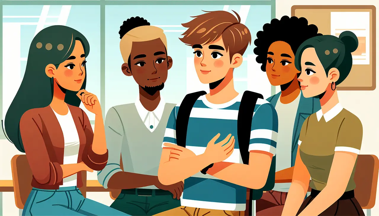 A diverse group of five young adults sit together indoors, talking and smiling, with one wearing a backpack. They appear engaged in conversation in a bright, friendly setting.