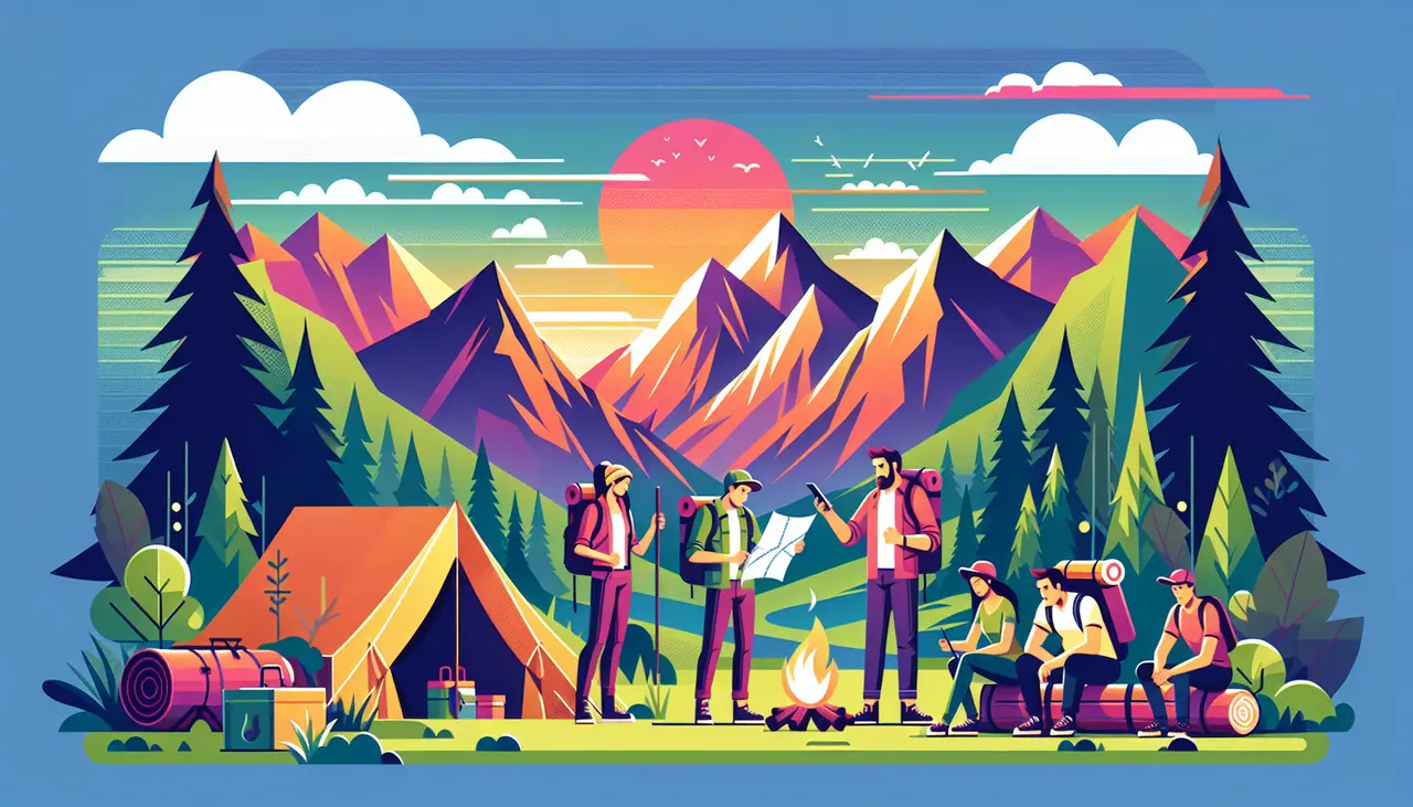 Six people are camping in a colorful mountain landscape. Some stand with backpacks, while others sit around a campfire. A tent, trees, camping supplies, and a sunset over mountains complete the vibrant outdoor scene.