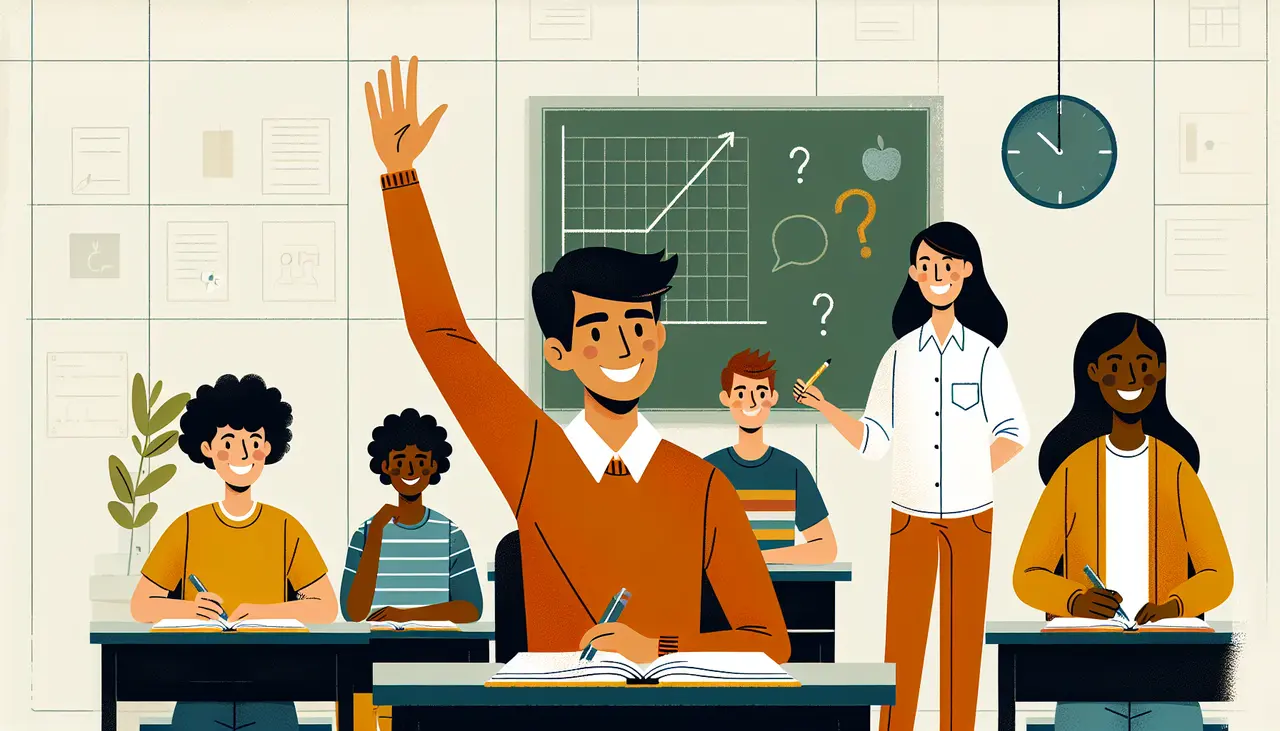 A student raises his hand in a classroom, smiling, with classmates seated nearby and a teacher standing by a chalkboard with question marks and graphs drawn on it.