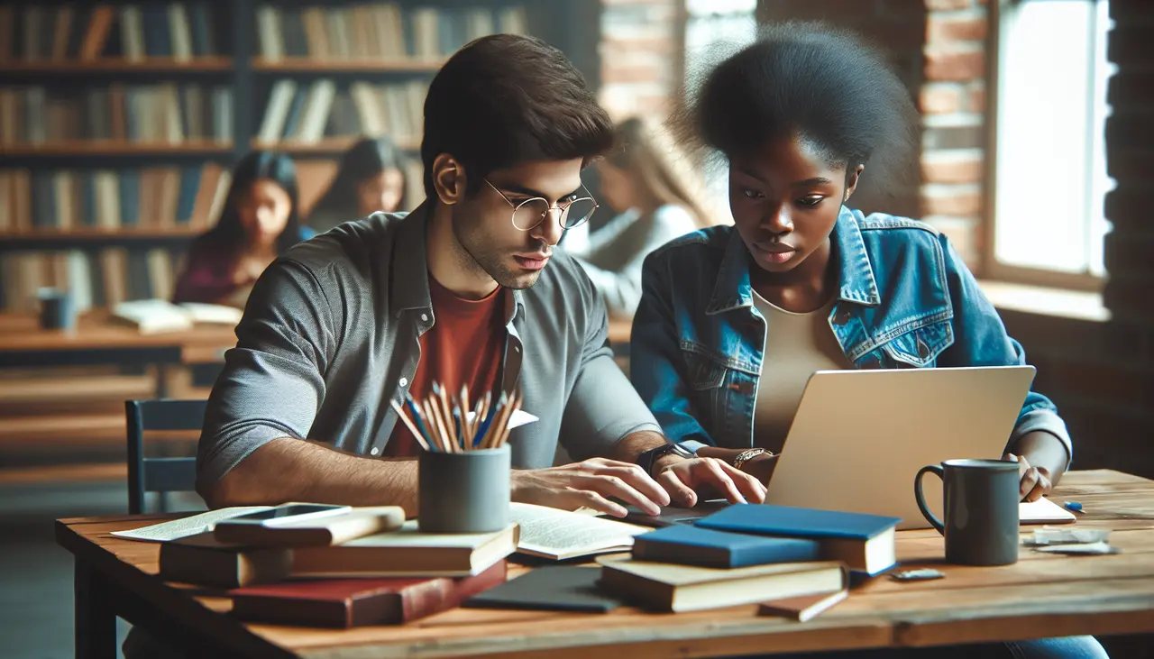 Two students sit at a library table, studying together with a laptop and open books. Bookshelves and other students are visible in the background, creating a focused academic atmosphere.