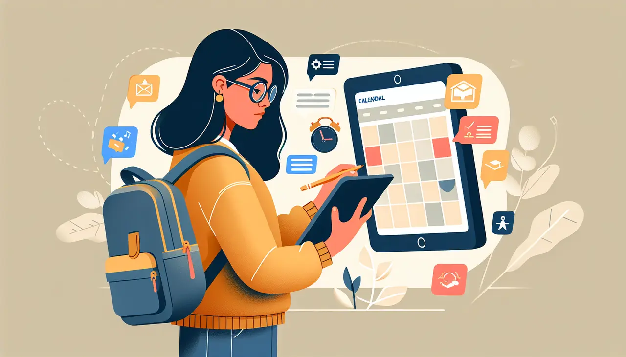 A student with glasses and a backpack writes on a digital tablet. Behind her is a large calendar on a screen with app icons for email, notes, and reminders, suggesting she is organizing her schedule.