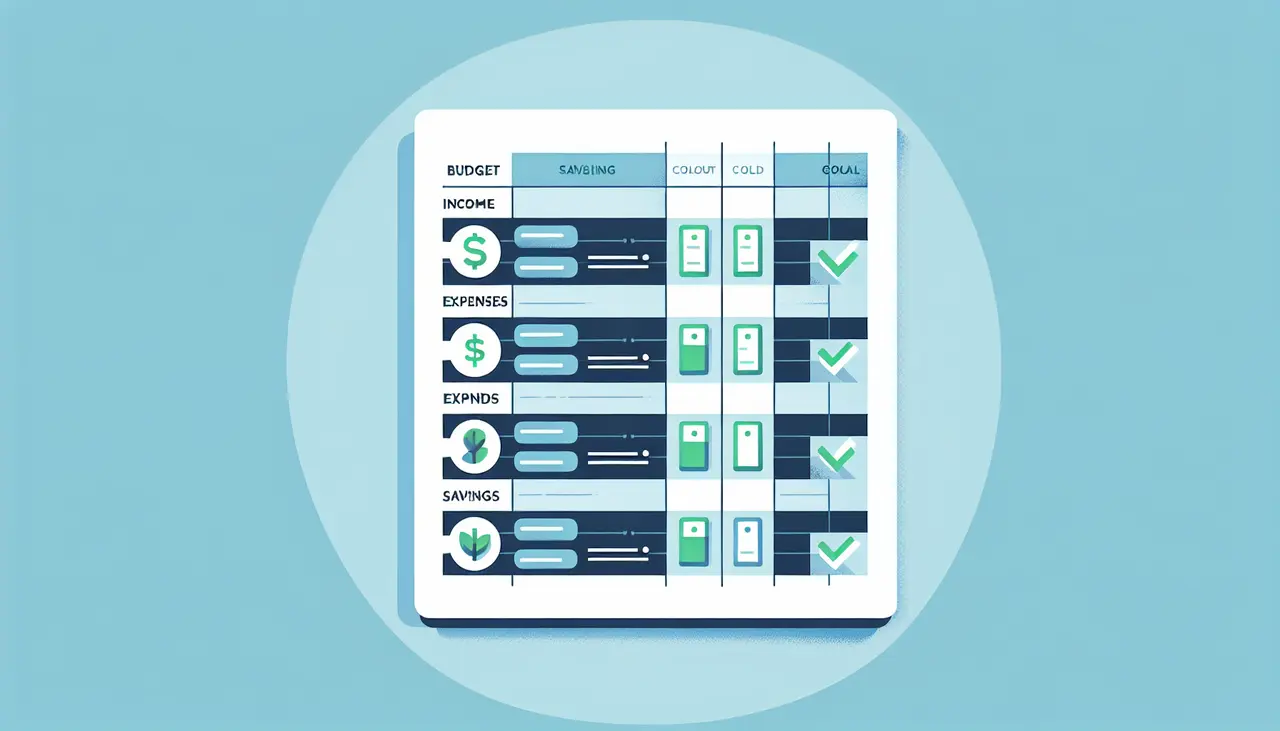 A digital budget spreadsheet with rows for income, expenses, and savings, and columns for savings, goal, and progress. Icons, bar graphs, and green checkmarks indicate financial targets and achievements.