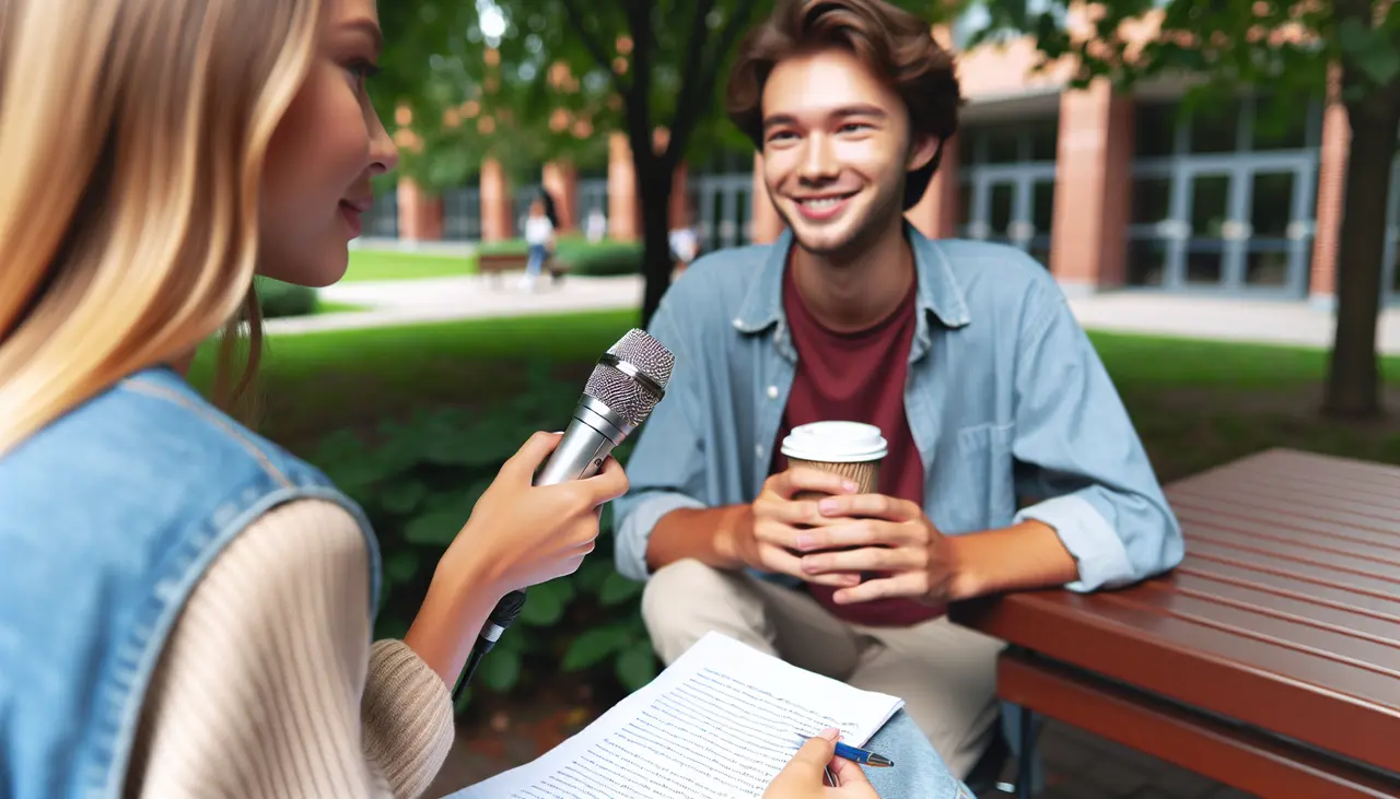 A woman holds a microphone and a notepad, interviewing a smiling man with coffee outdoors on a university campus.