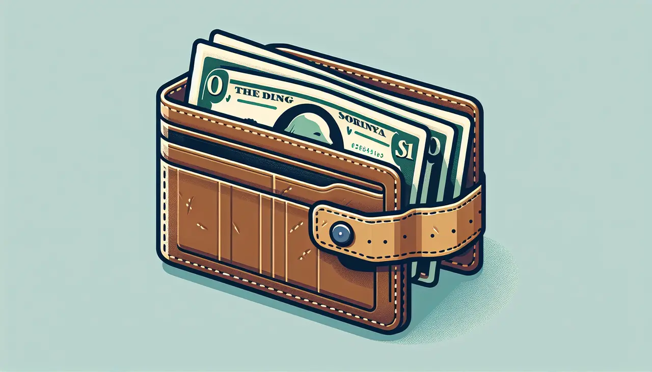 A brown leather wallet with a strap is filled with several US dollar bills, all shown in a simple, cartoon-style illustration on a light blue background.
