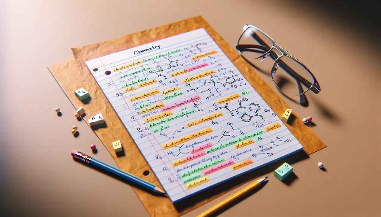 A handwritten chemistry study sheet with colorful highlights, pencils, a pen, glasses, and lettered tiles scattered on a desk, creating an organized and studious workspace.