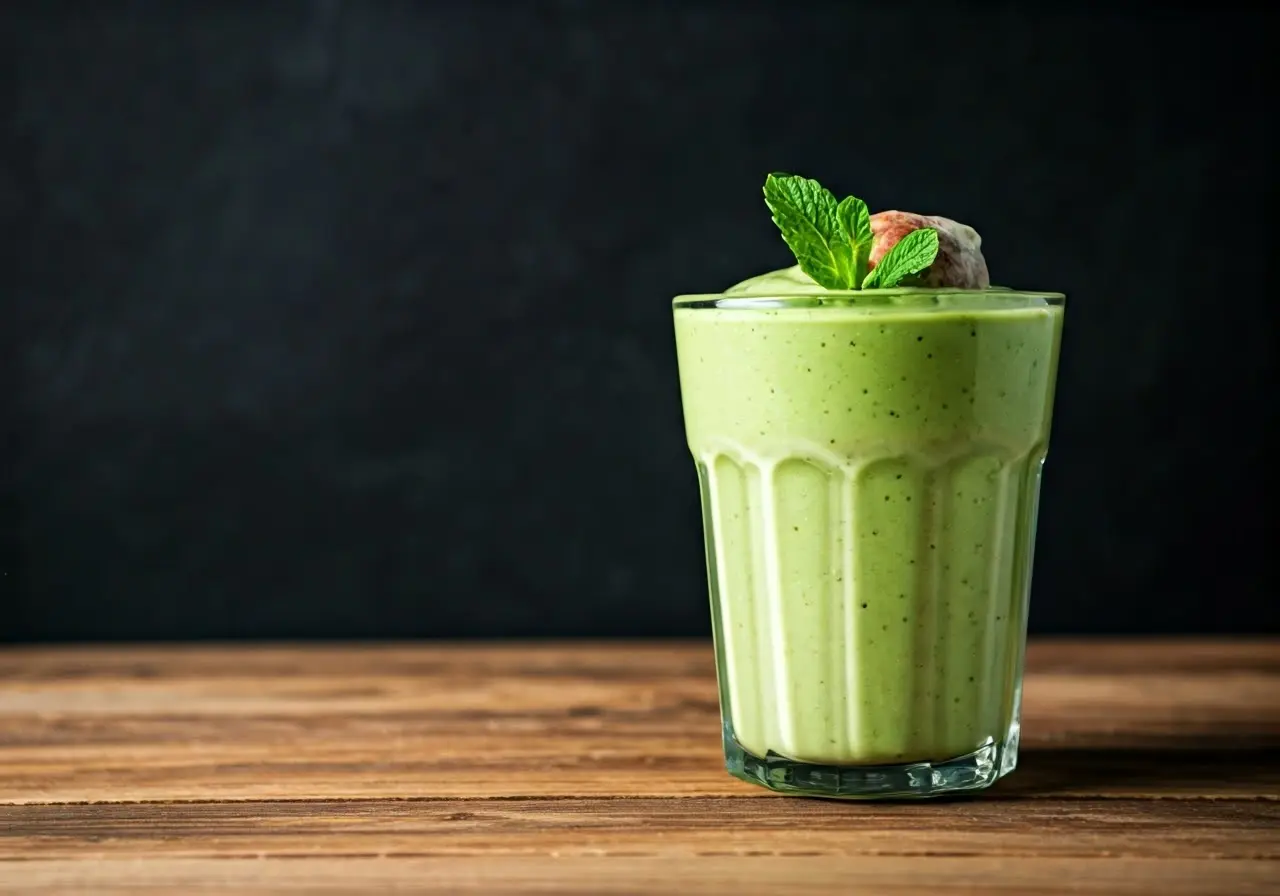 A glass of green smoothie garnished with fresh mint leaves sits on a wooden surface, with a dark background.