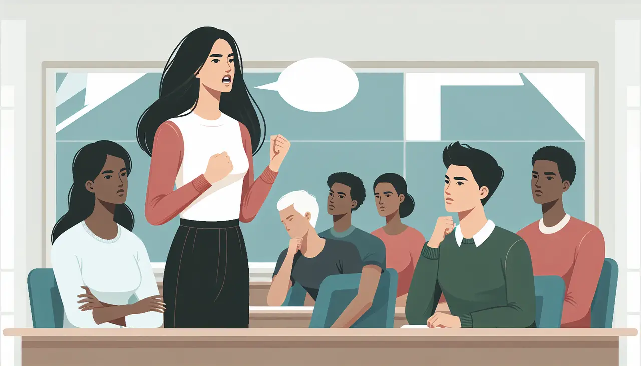 A woman stands and speaks passionately in a classroom, gesturing with her fist. Several students sit and listen, some appearing thoughtful, while others look at her intently.