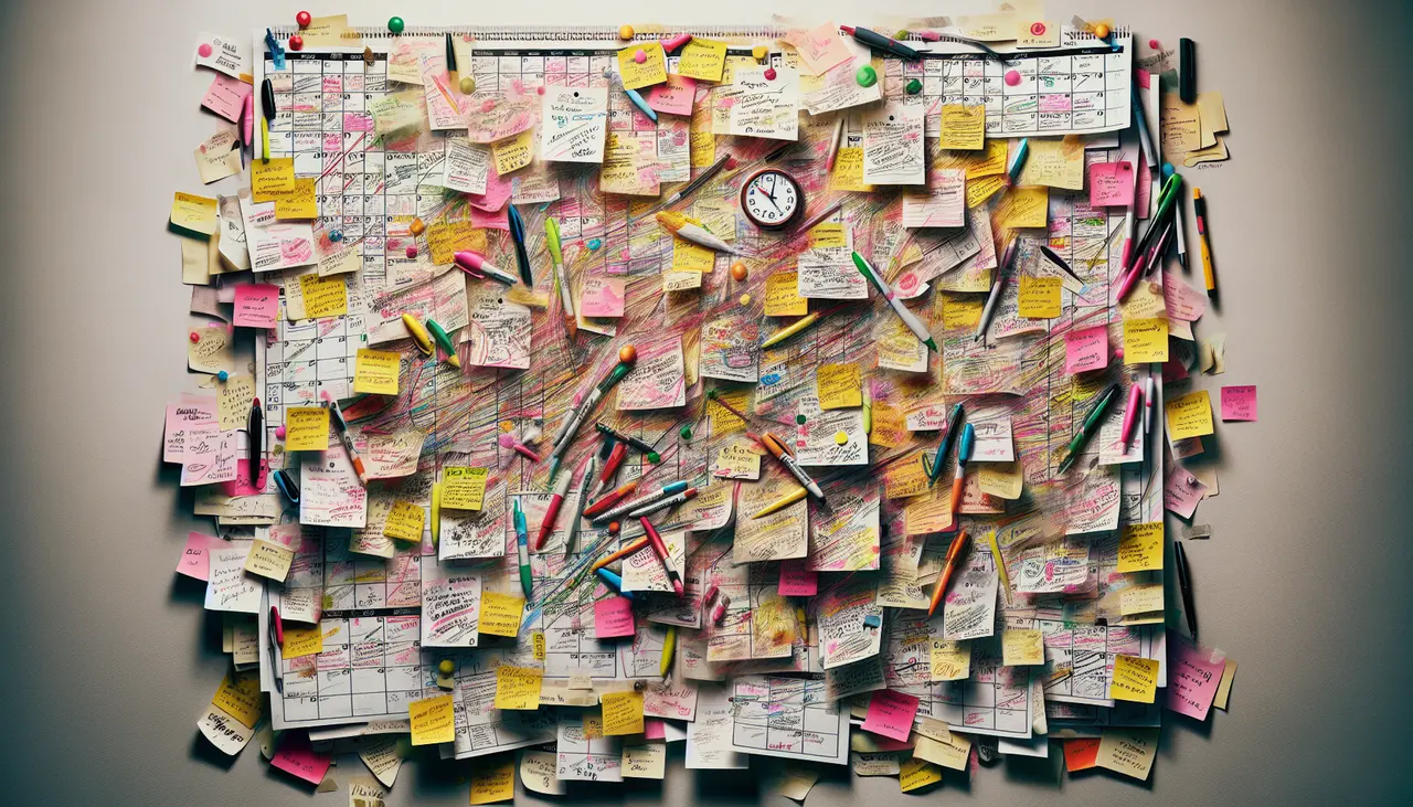 A wall calendar is covered with colorful sticky notes, strings, pens, markers, and a small clock, creating a chaotic, cluttered scene with overlapping notes and writing.