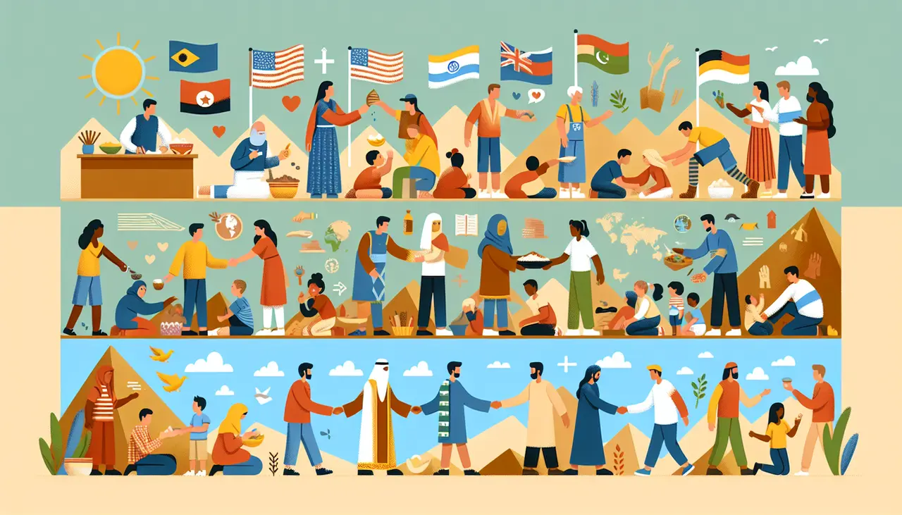 Illustration of diverse people from different cultures and religions interacting, helping, shaking hands, exchanging gifts, and working together against a backdrop of flags and symbols, symbolizing unity and global cooperation.