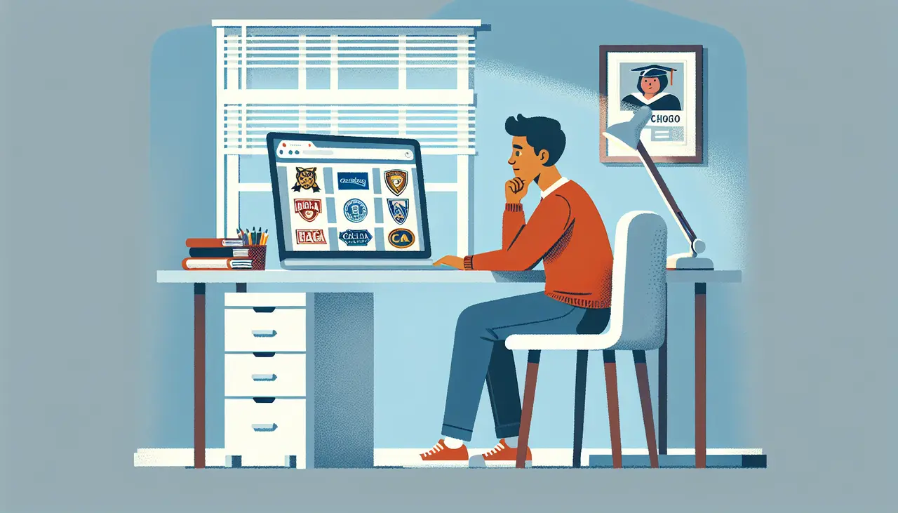 A person sits at a desk, looking at a computer displaying various college logos. Books, pencils, and a lamp are on the desk. There’s a graduation photo on the wall and light streams through the blinds.