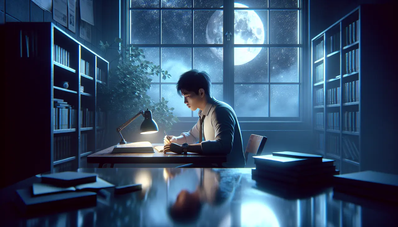 A person studies at a desk under a lamp in a library at night, with a full moon and starry sky visible through a large window behind them. Books are stacked on the desk and shelves line the walls.