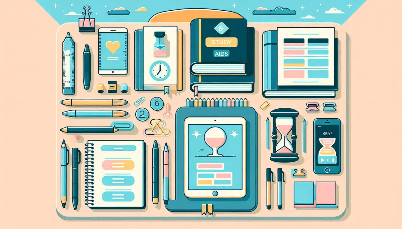 A neatly arranged desk with study supplies: notebooks, pens, pencils, hourglass, tablet, clock, phone, sticky notes, and a book labeled STUDY AIDS, all in pastel colors with a tidy, organized layout.