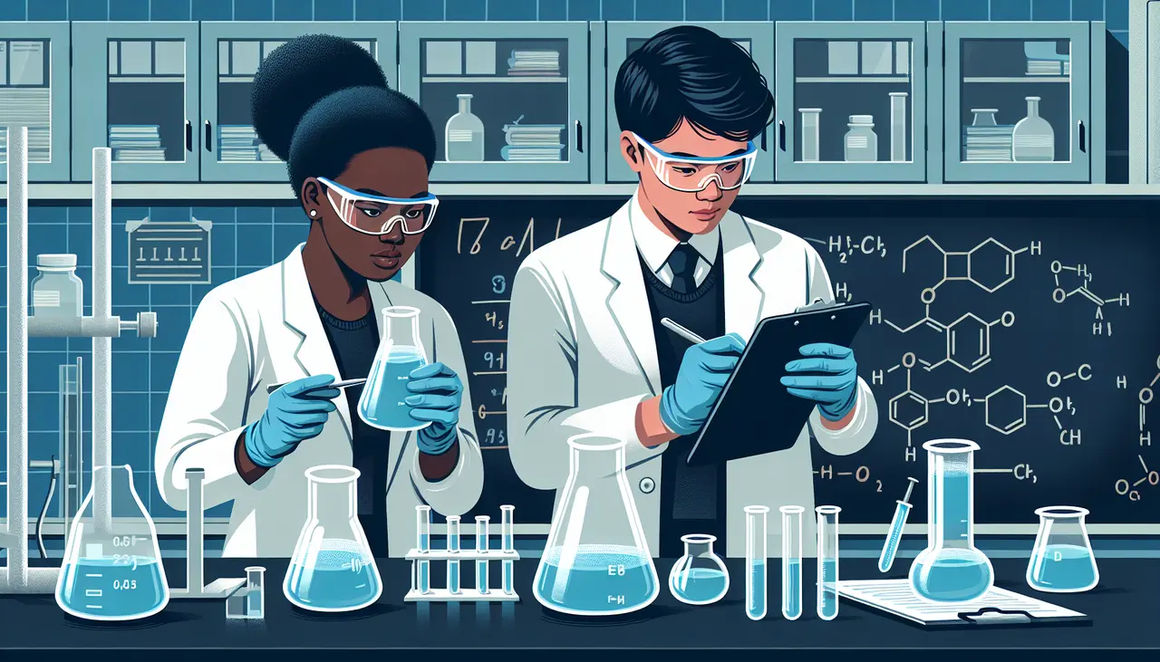 Two scientists in lab coats and safety goggles work with blue liquids in beakers and test tubes, taking notes and conducting experiments in a laboratory with shelves of glassware and a chalkboard with chemical formulas.