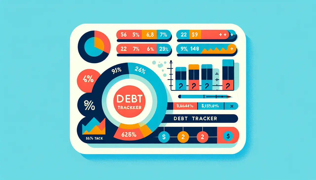Colorful debt tracker dashboard with pie charts, bar graphs, and percentages showing different debt categories, interest rates, and balances on a blue background. Various icons and numbers depict financial data visually.