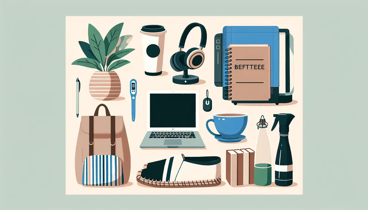 A collection of office and daily essentials: laptop, notebooks, coffee cups, headphones, plant, pens, watch, bag, shoes, books, mouse, spray bottle, and a blue teacup arranged neatly on a beige background.