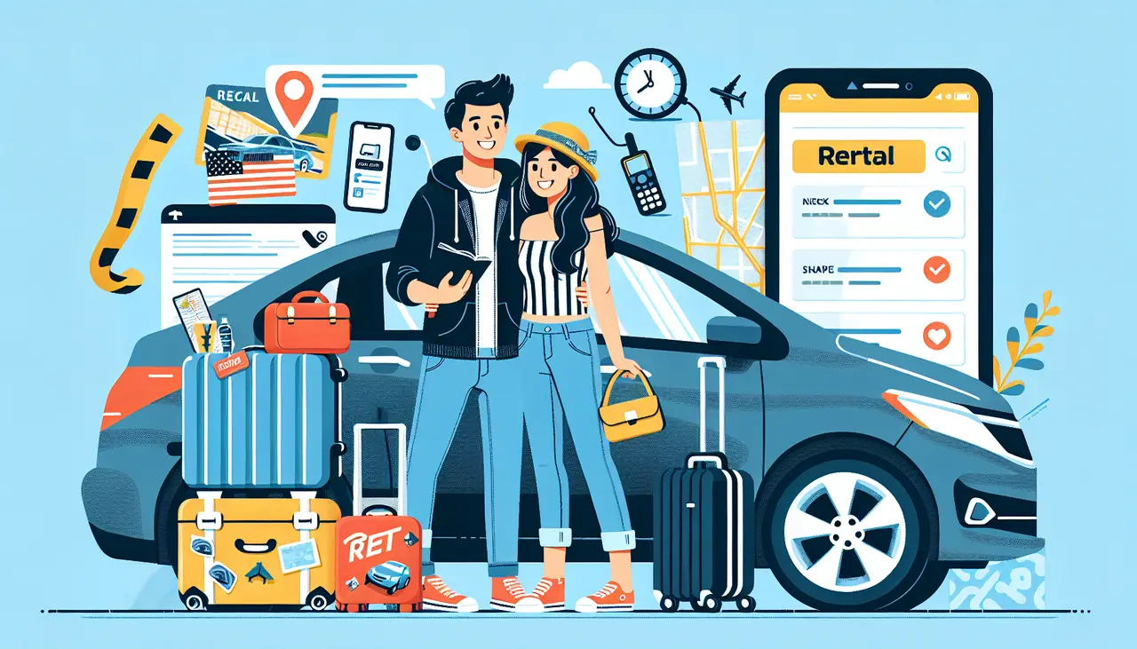 Illustration of a smiling couple standing in front of a rental car, surrounded by luggage, travel icons, and a smartphone showing a rental app, suggesting the beginning of a trip.