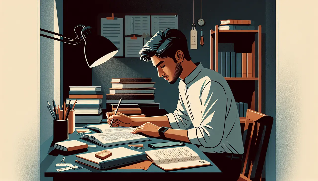 A man sits at a desk covered with books and papers, writing with a pen under a desk lamp in a cozy, book-filled study room.