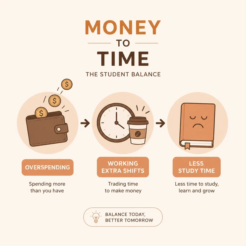 A vector illustration showing the connection between overspending, extra work, and less study time