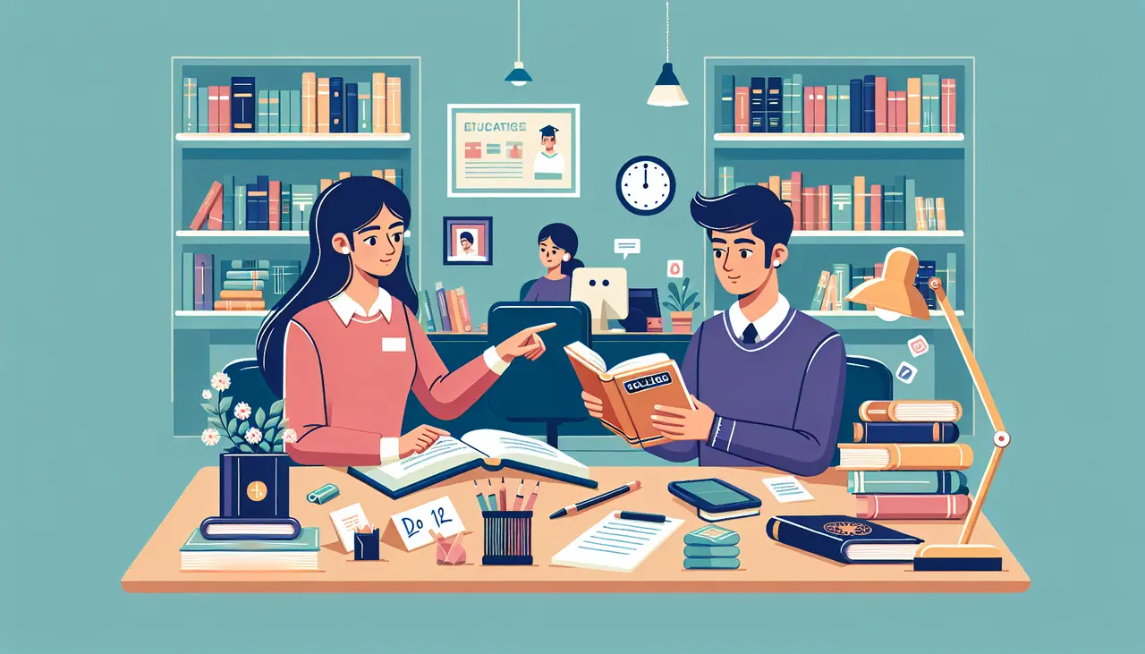 Three people study in a library, surrounded by books and stationery. Two sit at a table reading and discussing, while one works at a computer in the back. Shelves full of books line the walls.