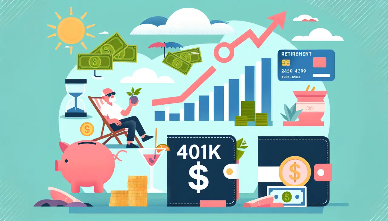 Colorful illustration showing a person relaxing in a chair surrounded by a piggy bank, charts, dollar bills, coins, a 401k, and a retirement card, symbolizing financial growth and retirement planning.