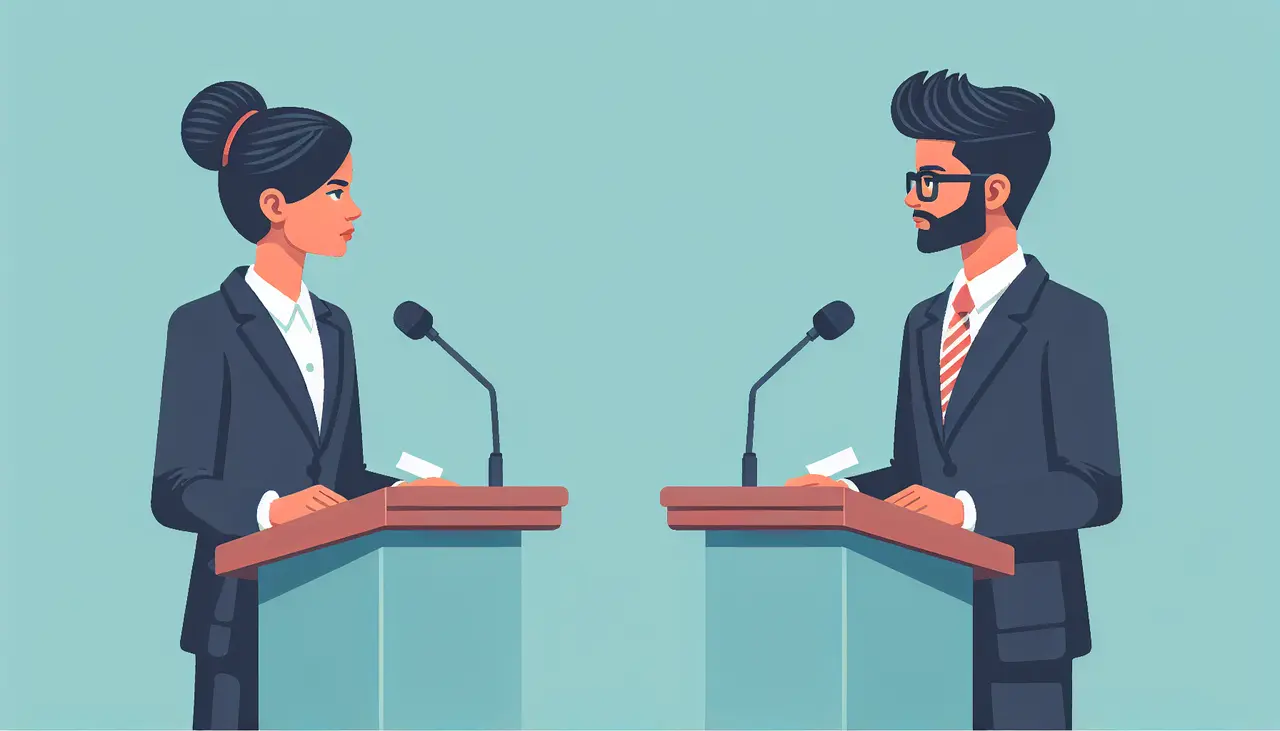 Two people in business attire stand at podiums facing each other, holding notes, and speaking into microphones, suggesting a formal debate or discussion setting with a plain blue background.