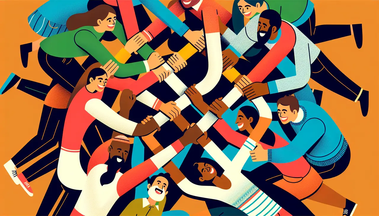 Illustration of diverse people forming a circle, reaching in and holding each others arms, symbolizing unity, teamwork, and support on an orange background.