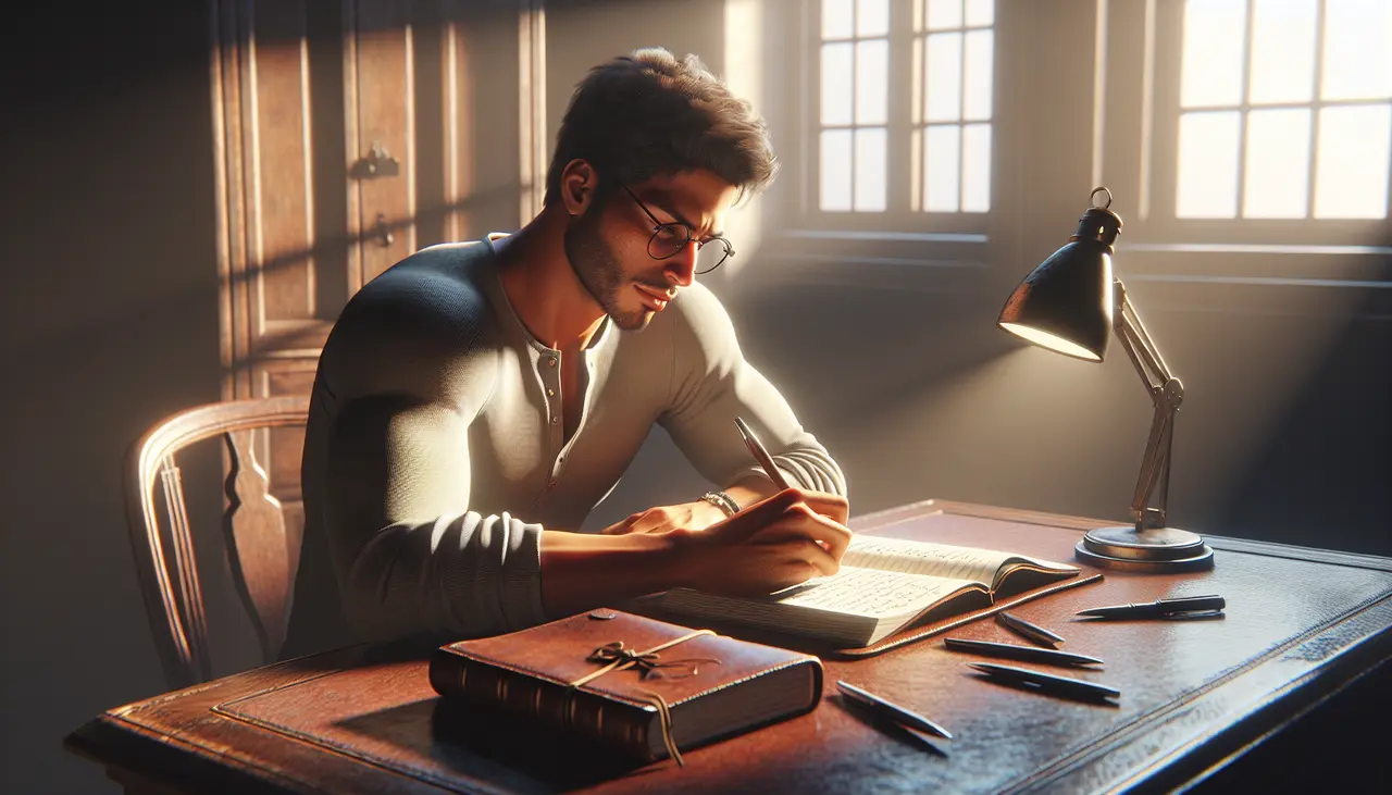 A man wearing glasses sits at a wooden desk, writing in a notebook under a desk lamp. Sunlight streams through large windows, illuminating books, pens, and papers scattered on the desk in a cozy, study-like room.