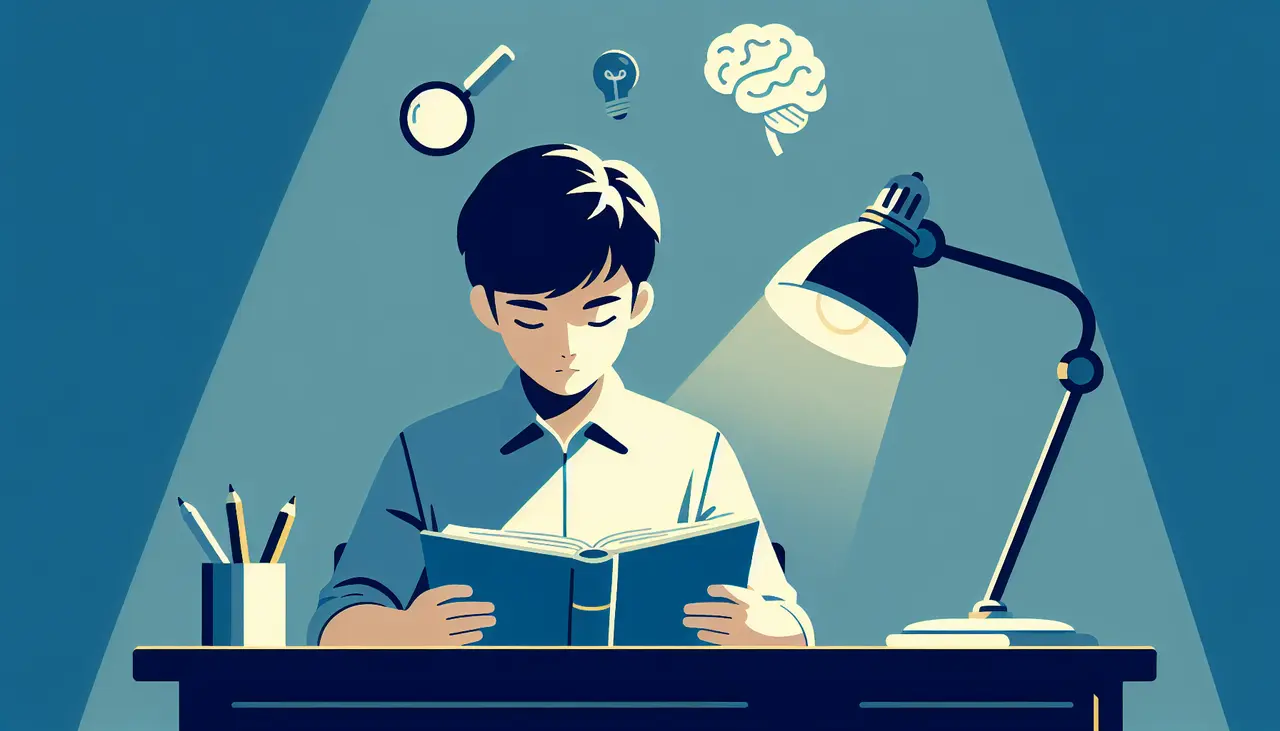 Draw a graphic in flat design style. A student reading a book under a desk lamp, with simple icons of a magnifying glass and brain.
