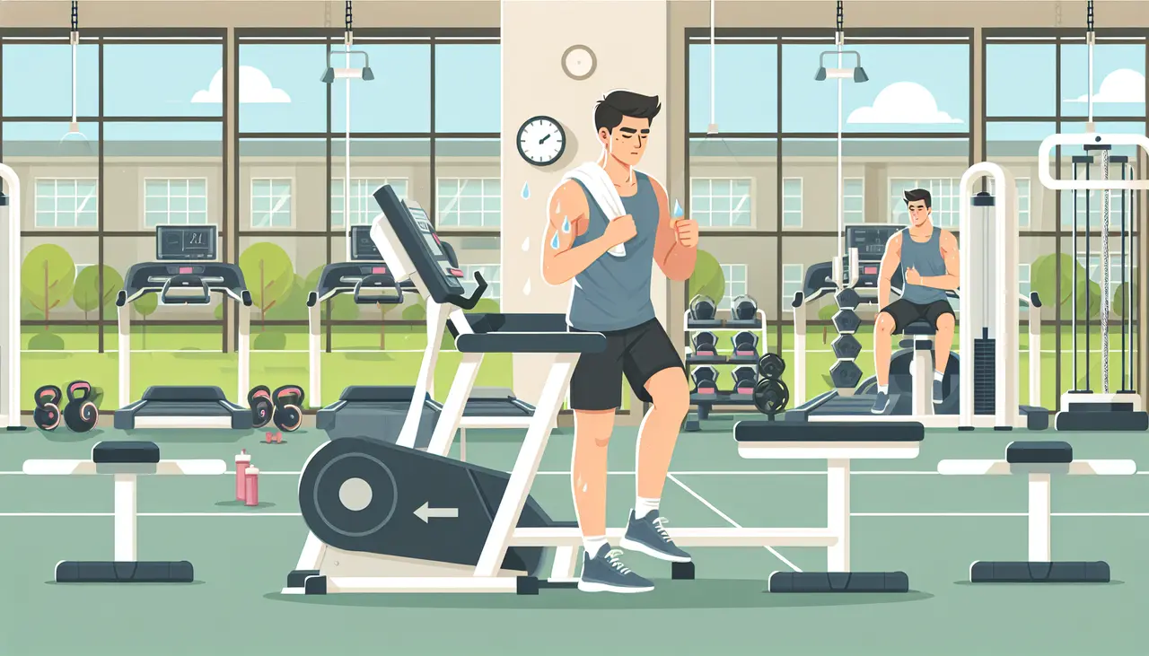 A man in gym clothes jogs on a treadmill while another man lifts weights in the background; gym equipment and large windows are visible.