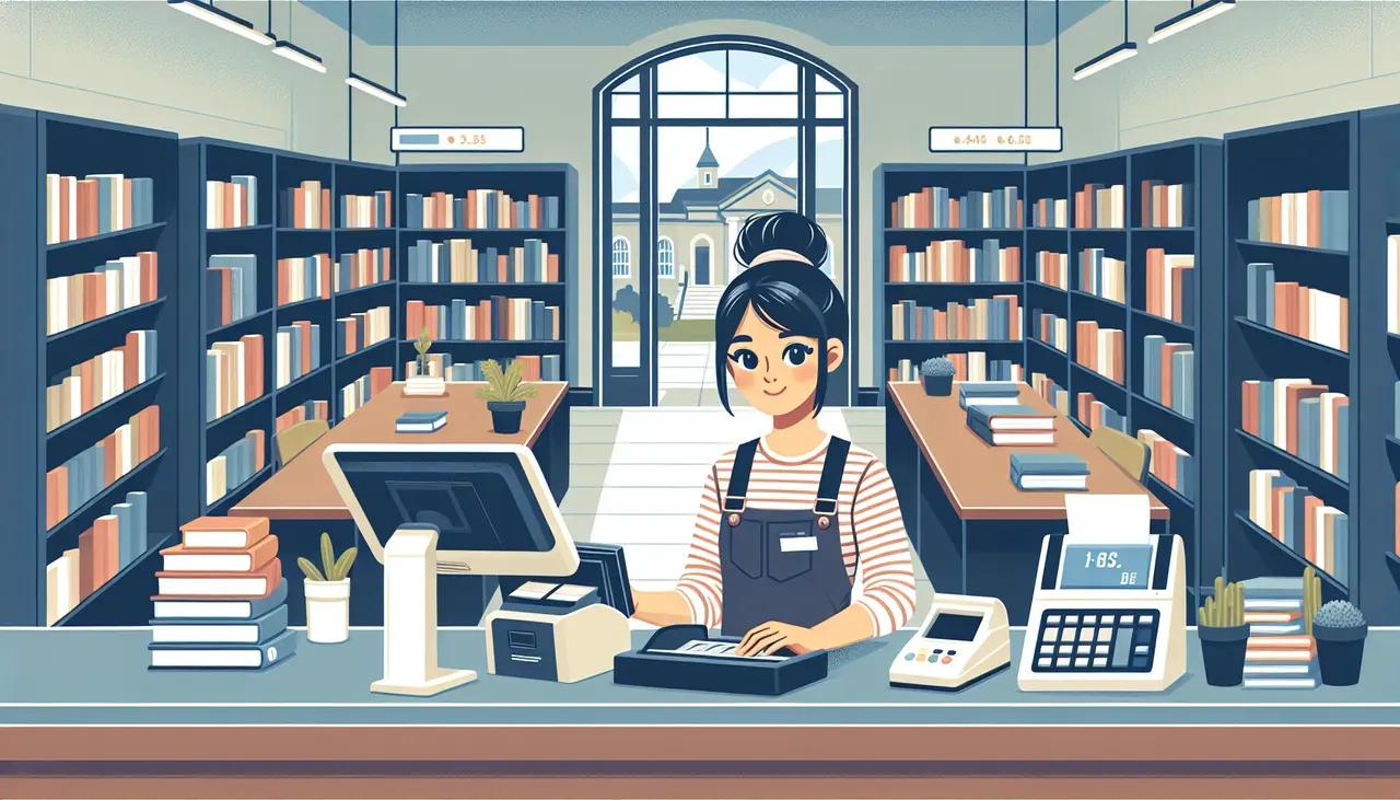 A librarian with dark hair in a bun sits at a checkout desk in a modern library, surrounded by bookshelves, a computer, and a cash register. Large windows show a campus outside.