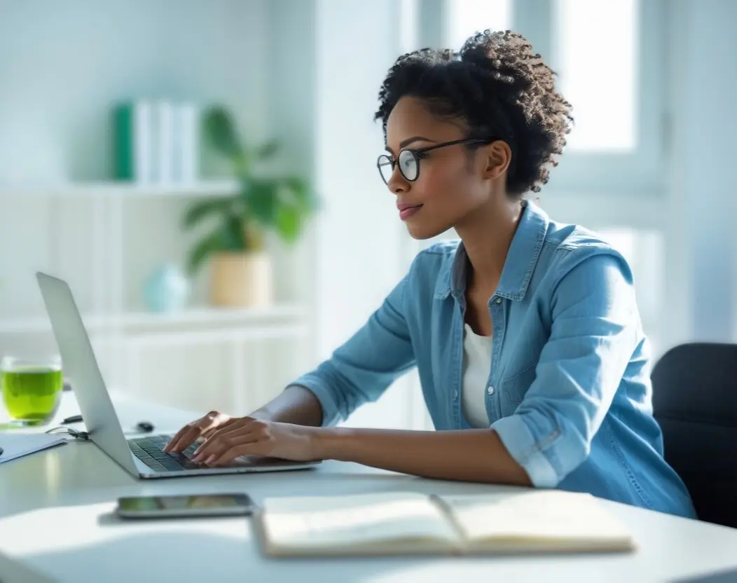 Woman wearing glasses and a blue shirt works on a laptop at a desk with a notebook, smartphone, and green mug. Bright, modern office setting with shelves and plants in the background.