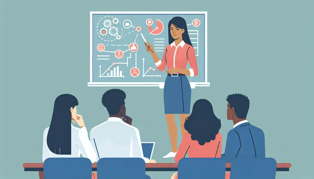 A woman stands and points at a chart on a board, presenting to four seated colleagues. The chart shows graphs, gears, and network symbols. The group listens attentively in a modern office setting.