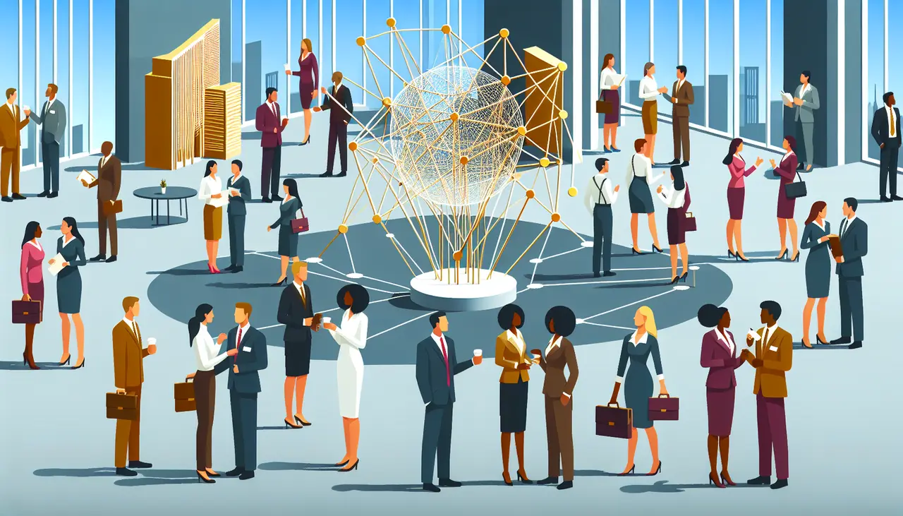 Business professionals networking in a modern office with large windows. In the center is a geometric globe sculpture with interconnected lines, symbolizing global connections and communication. People are conversing in small groups.