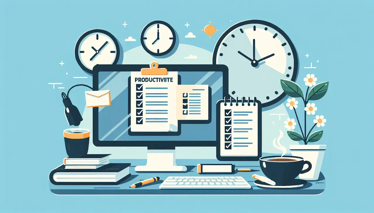 Illustration of a desk with a computer displaying a productivity checklist, notebooks, coffee, pens, books, a plant, clocks showing different times, and sunlight through a window, representing a productive workspace.
