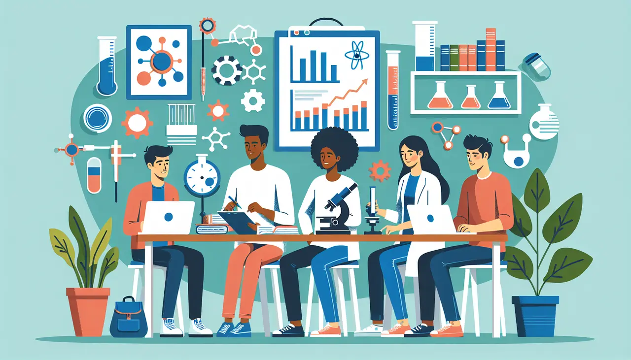 Five people sit at a table with laptops, books, and a microscope, collaborating in a science lab. Charts, gears, chemical flasks, and scientific diagrams decorate the wall behind them.