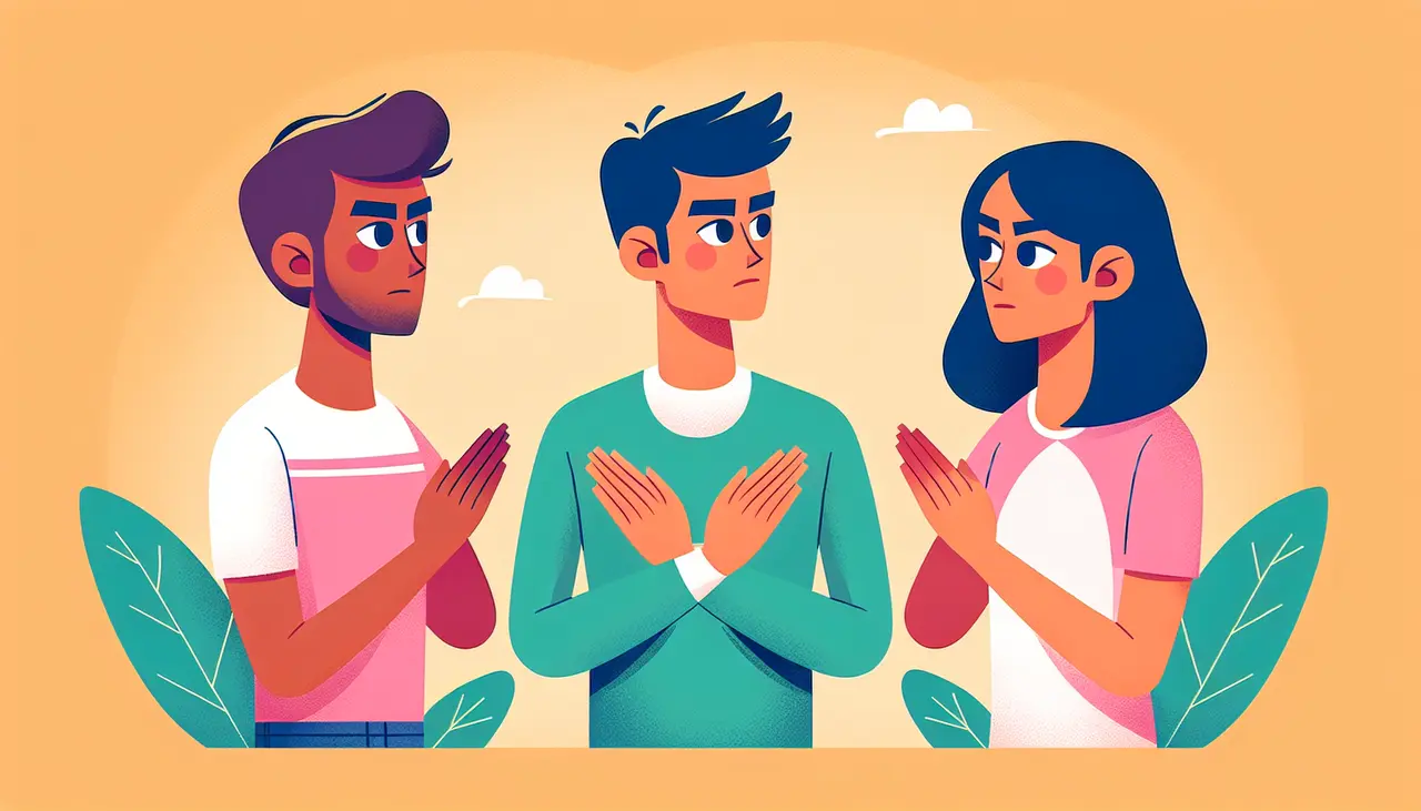 Three people stand together with serious expressions, each holding their hands in front of their chest in a crossed gesture. The background is orange with small white clouds and green leaves.