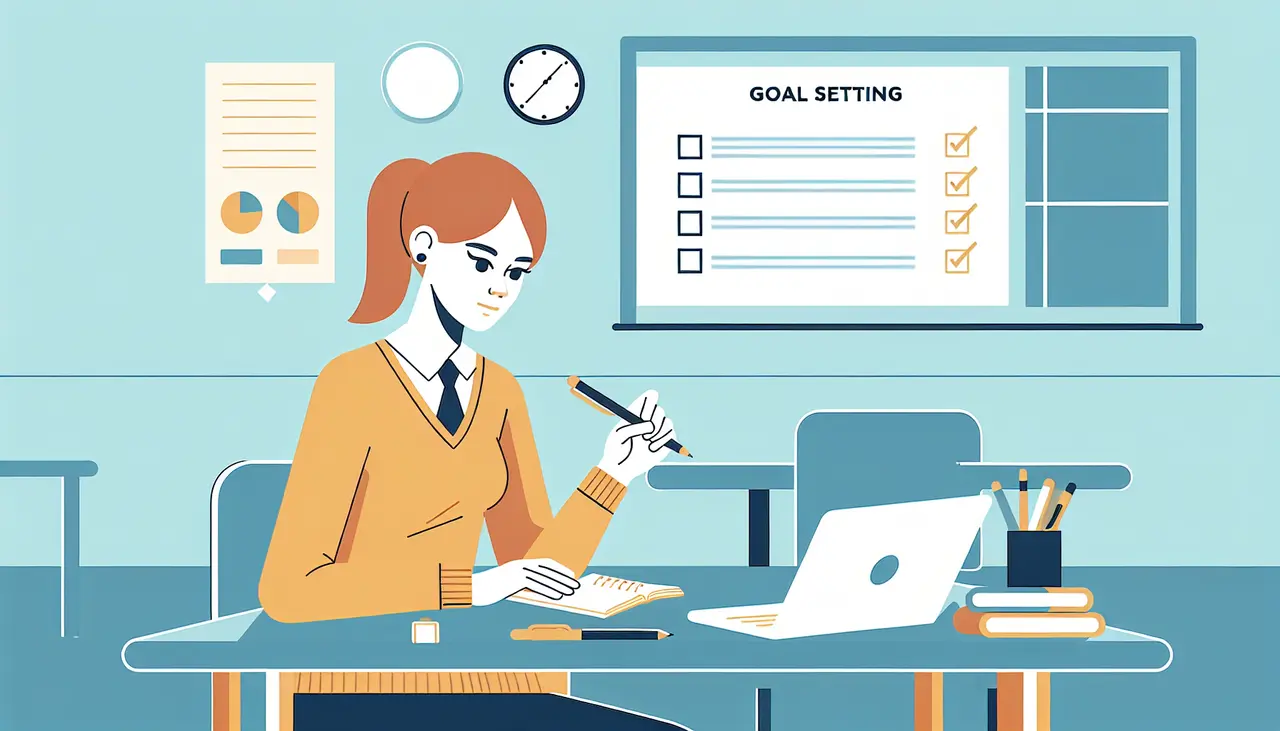 Illustration of a woman with a ponytail sitting at a desk, writing in a notebook, with a laptop. Behind her is a whiteboard labeled “Goal Setting” with checkboxes, and charts on the wall. Classroom or office setting.