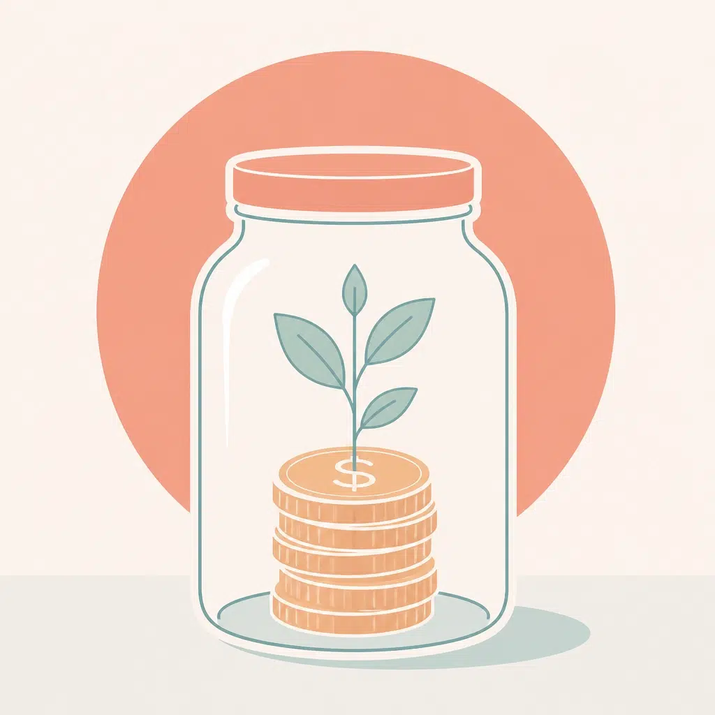 A minimal vector illustration of a plant growing out of coins, representing compound interest and financial growth.