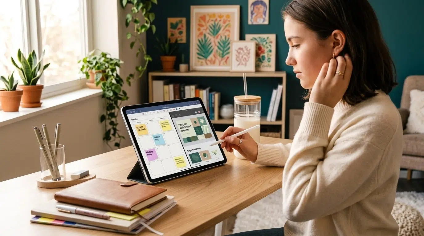 A high school student sits at a clean wooden desk, looking thoughtfully at a digital tablet with a mix of planning and creative work, bathed in warm natural light.